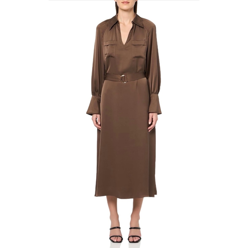 Ramy Brook Cecilia Dress Women Small Chocolate Brown Satin Belted Midi Chic Fall